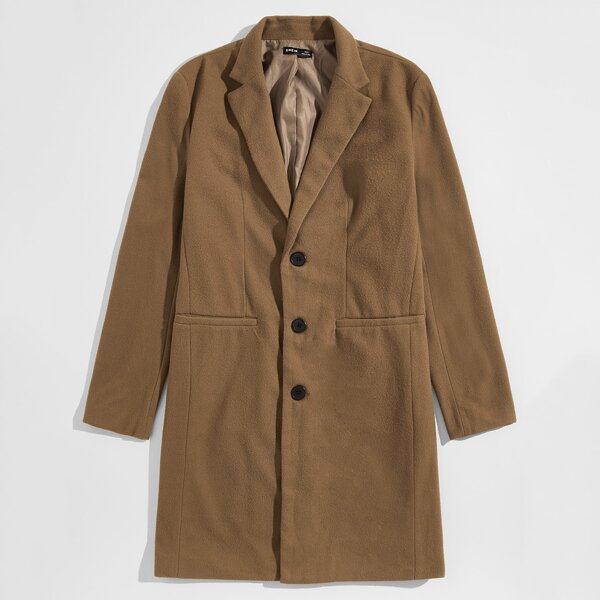 

Men Notched Collar Single Breasted Coat, Mocha brown