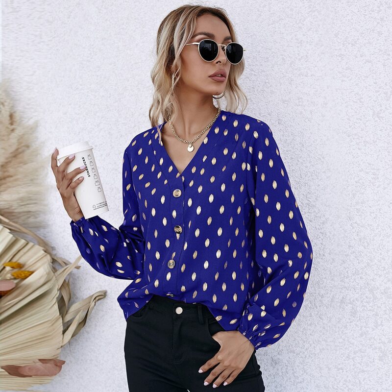 

Button Front Gold Dot Print Blouse, Royal blue