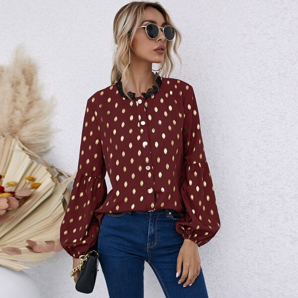 

Lace Trim Neck Gold Dot Blouse, Burgundy