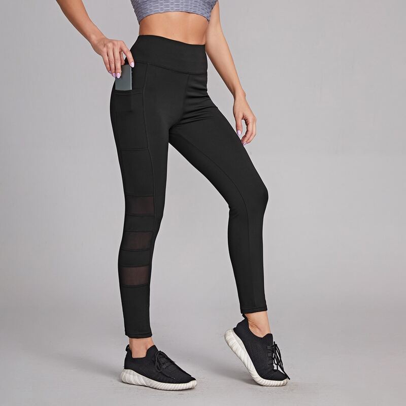 

Contrast Mesh Sports Leggings With Phone Pocket, Black