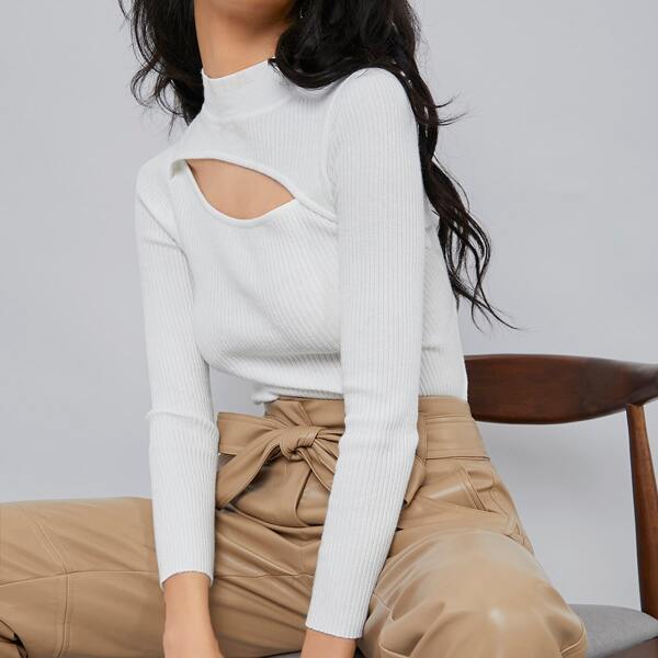 

Cut Out Detail Rib Knit Sweater, White