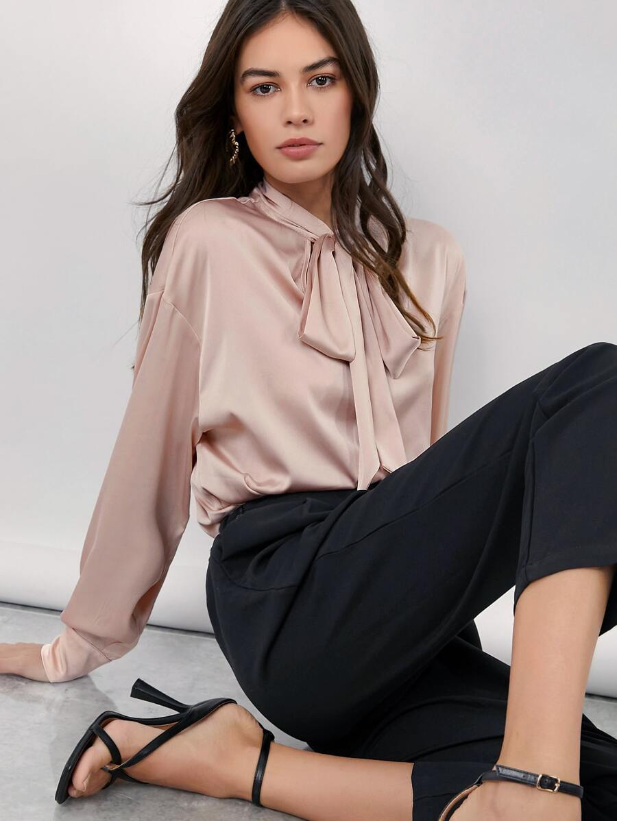 SHEIN Tie Neck Drop Shoulder Satin Top