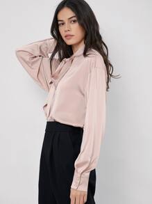 SHEIN Tie Neck Drop Shoulder Satin Top