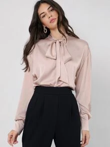 SHEIN Tie Neck Drop Shoulder Satin Top