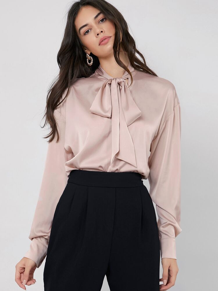 SHEIN Tie Neck Drop Shoulder Satin Top - Dusty Pink - View 4