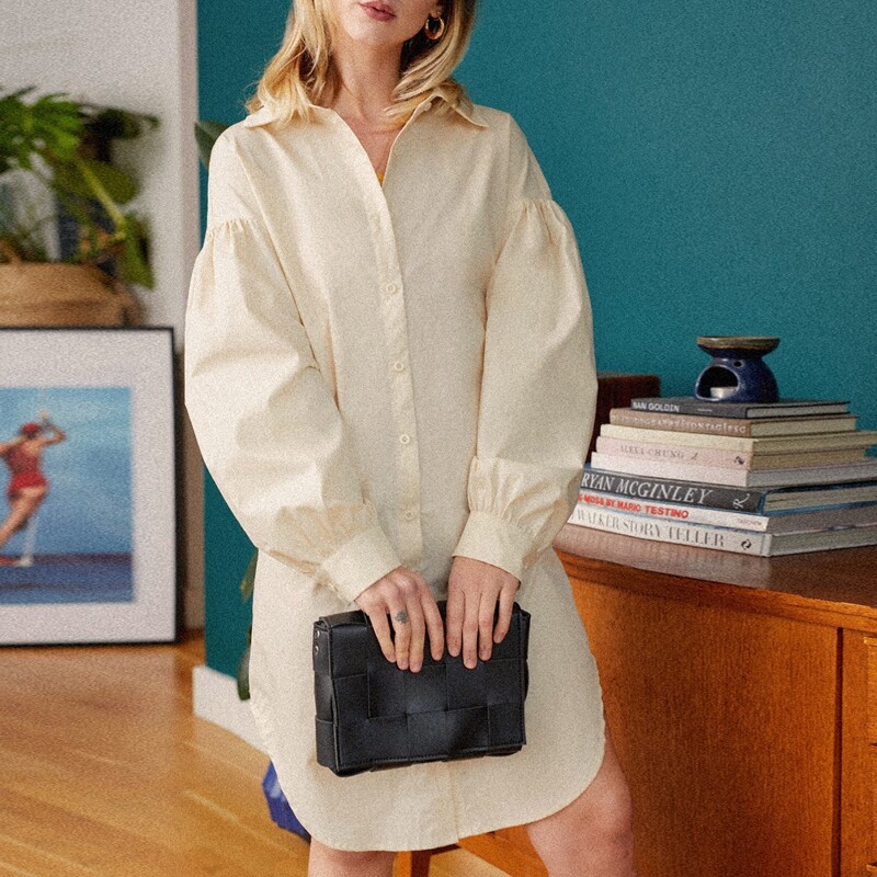 

Lantern Sleeve Shirt Dress, Beige