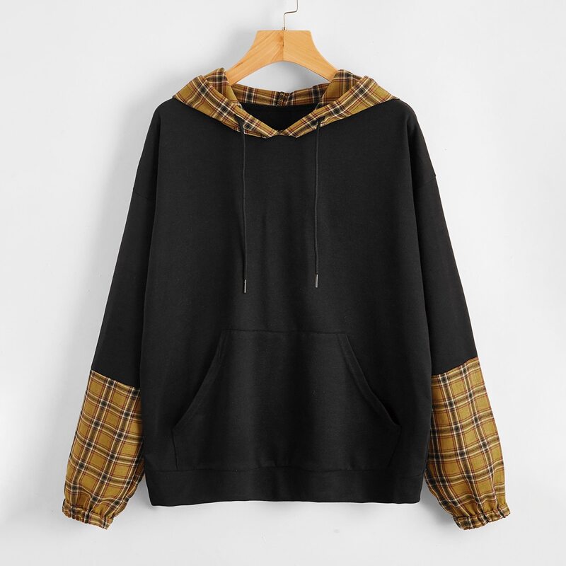 

Contrast Plaid Drawstring Hoodie, Black