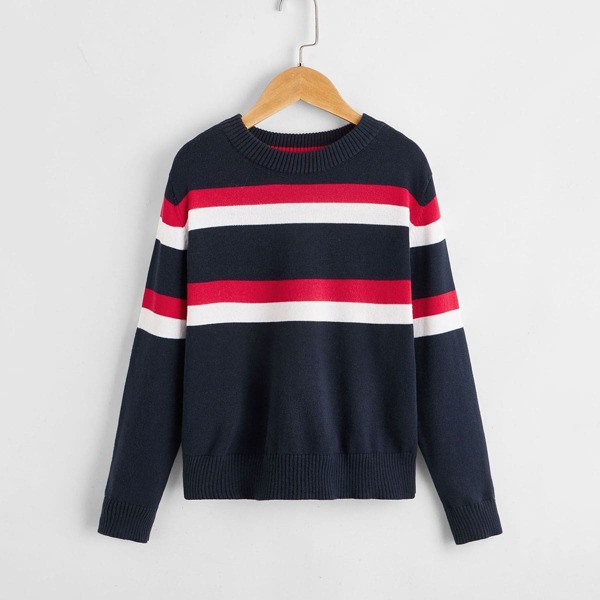 

Boys Striped Pattern Sweater, Navy blue