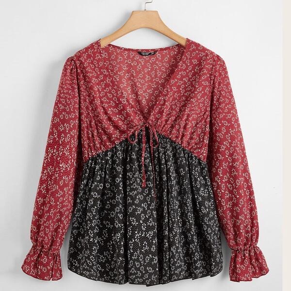 

Plus Colorblock Ditsy Floral Babydoll Blouse, Multicolor