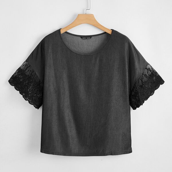 

Plus Contrast Lace Short Sleeve Tee, Dark grey