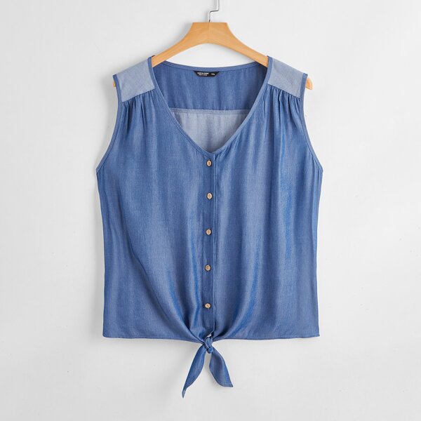 

Plus Button Through Knot Hem Tank Top, Dusty blue