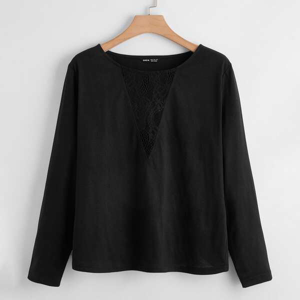 

Plus Contrast Lace Round Neck Tee, Black