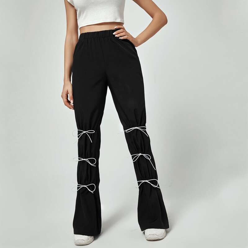 

Tie Front Flare Leg Pants, Black