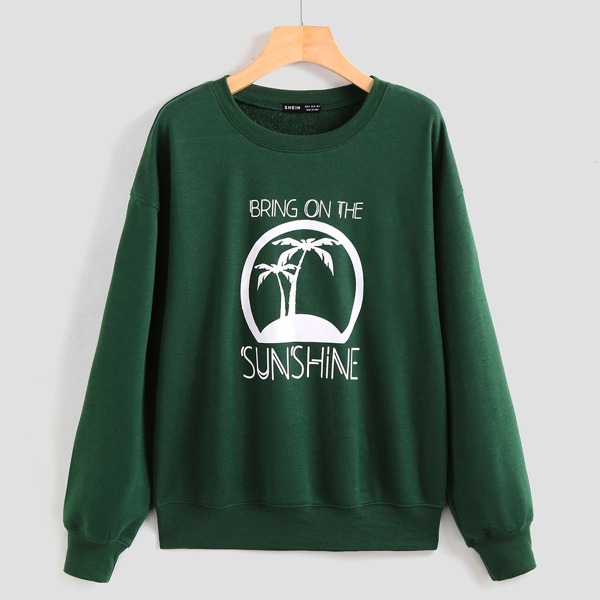 

Drop Shoulder Slogan & Coconut Tree Print Pullover, Dark green