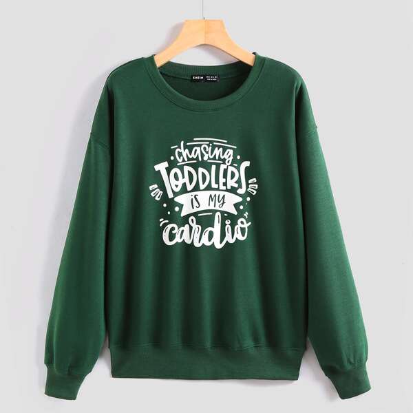 

Drop Shoulder Slogan Graphic Pullover, Dark green