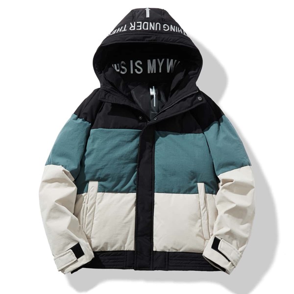 

Men Slogan Embroidery Color-block Hooded Jacket, Multicolor