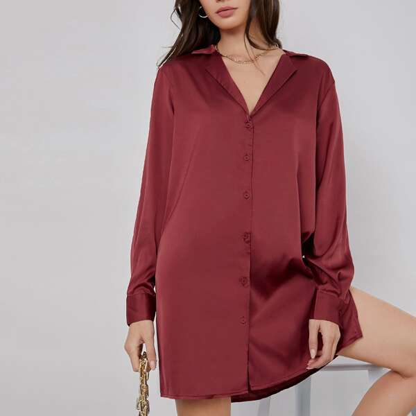 

Notched Collar Single Breasted Solid Satin Long Blouse, Burgundy