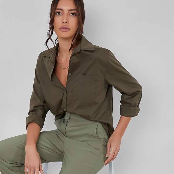 

Single Breasted Patch Pocket Solid Blouse, Army green