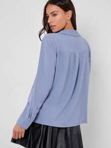 BizChic Notched Collar Single Breasted Solid Blouse - Dusty Blue - View 2