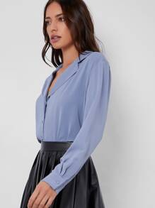 BizChic Notched Collar Single Breasted Solid Blouse - Dusty Blue - View 3