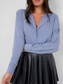 BizChic Notched Collar Single Breasted Solid Blouse - Dusty Blue - View 4