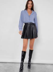BizChic Notched Collar Single Breasted Solid Blouse - Dusty Blue - View 5
