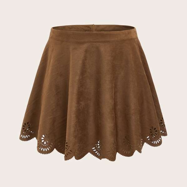 

Plus Suede Laser Cut Out Flared Skirt, Brown