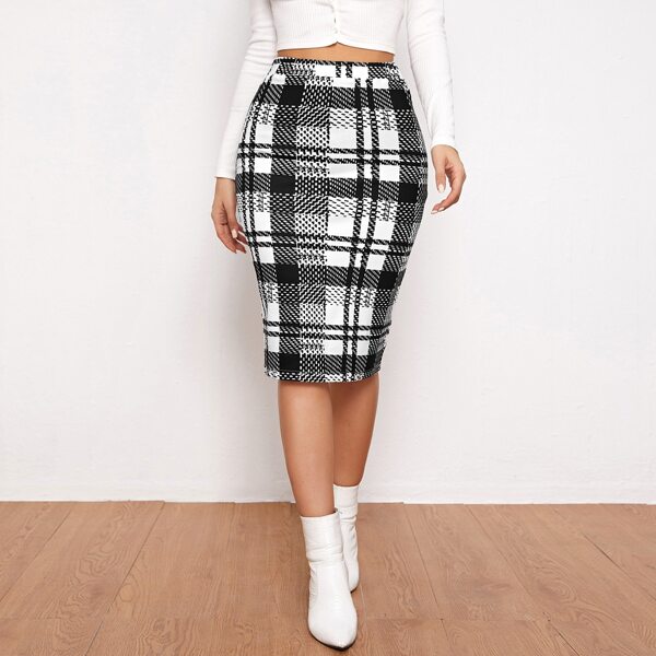 

Plaid Elastic Waist Pencil Skirt, Black and white