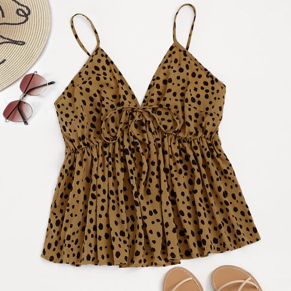 

Plus Dalmatian Print Shirred Knot Peplum Cami Top, Mocha brown