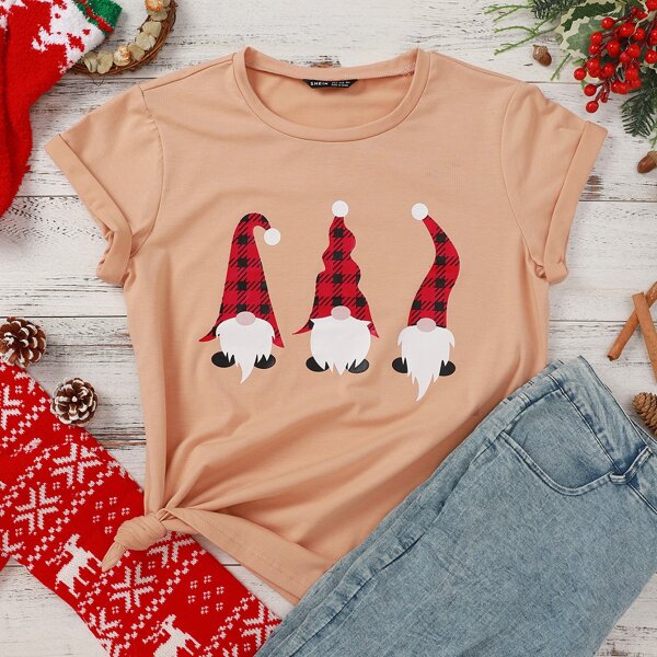 

Christmas Print Round Neck Tee, Orange pastel