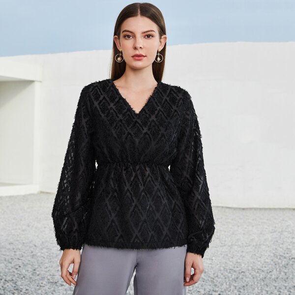 

V-neck Ruffle Hem Peplum Blouse, Black