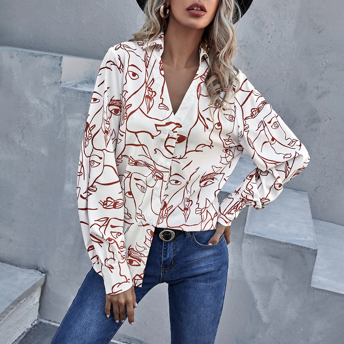 Image of Allover Figure Graphic Button Up Blouse