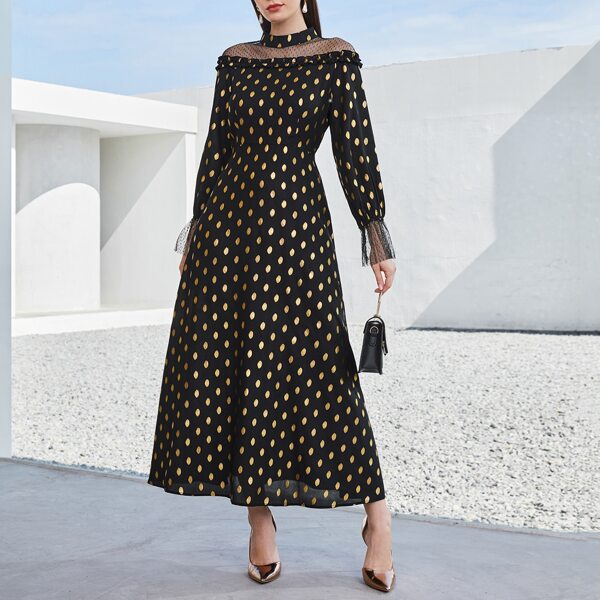 

Contrast Dobby Mesh Gold Dot A-line Dress, Black