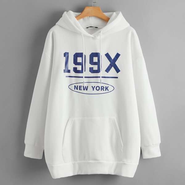 

Plus Letter Graphic Kangaroo Pocket Hoodie, White