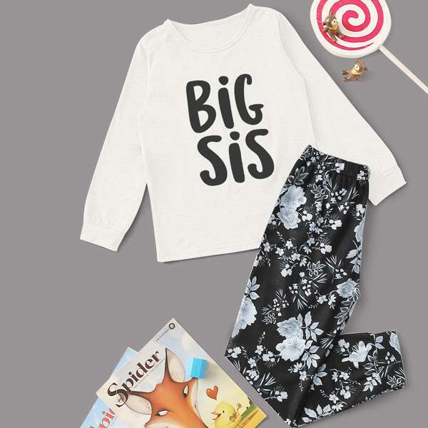 

Girls Letter & Floral Print PJ Set, White