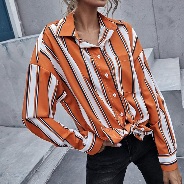 

Striped Drop Shoulder Pocket Front Blouse, Multicolor