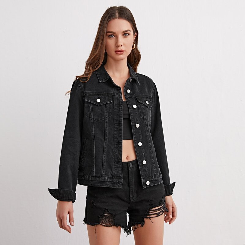 

Button Front Patch Pocket Denim Jacket, Black