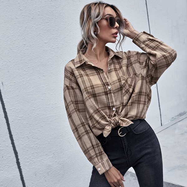 

Plaid Pocket Front Button Up Oversized Blouse, Multicolor