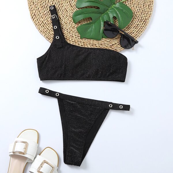 

Glitter Eyelet Detail One Shoulder Bikini Swimsuit, Black