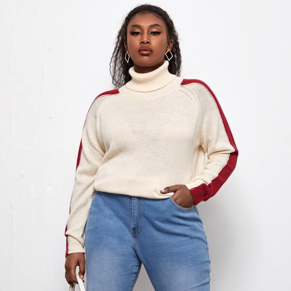 

Plus High Neck Contrast Sideseam Sweater, Beige