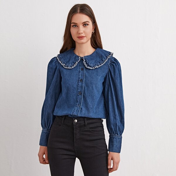 

Peter Pan Collar Bishop Sleeve Denim Jacket, Medium wash