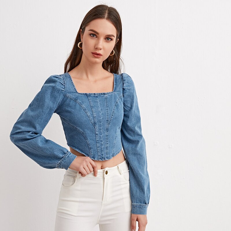 

Zip Back Puff Sleeve Crop Denim Top, Medium wash