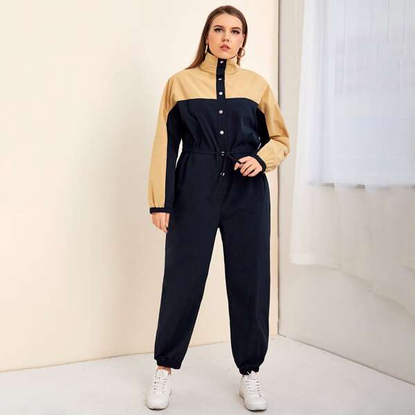 

Plus Colorblock Drawstring Waist Drop Shoulder Jumpsuit, Navy blue