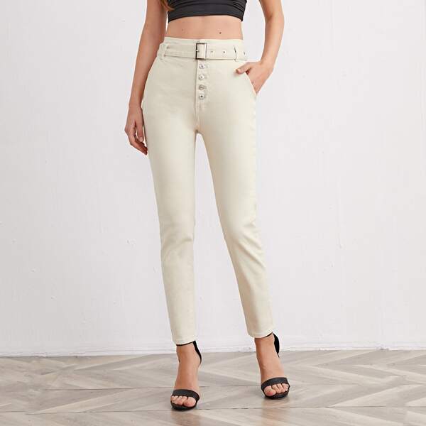

High Waist Belted Skinny Jeans, Beige