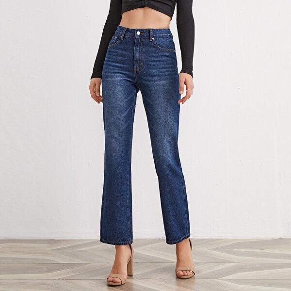 

High Waist Pocket Side Straight Jeans, Dark wash
