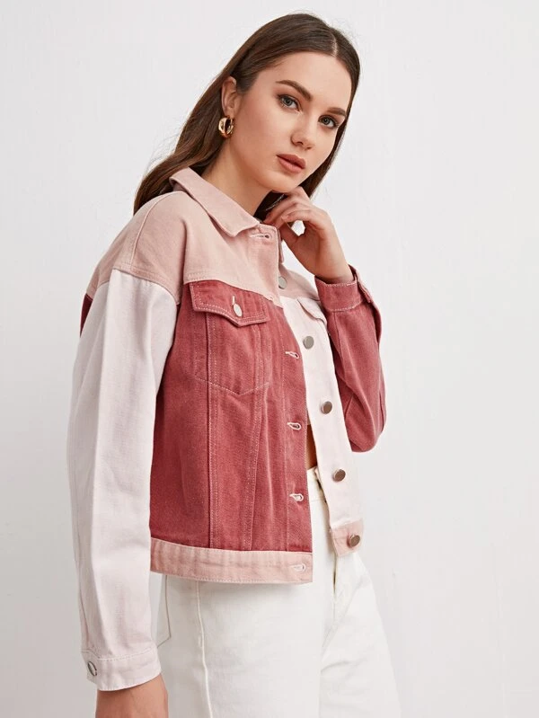 pink color block denim jacket