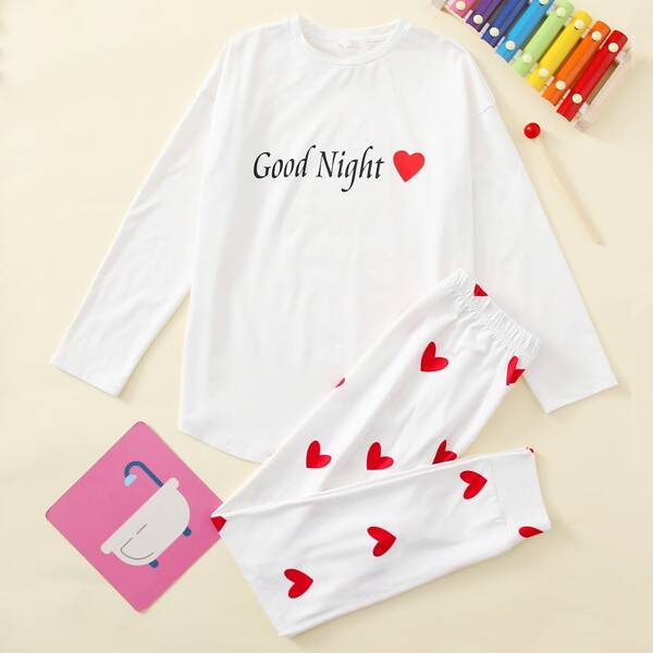 

Girls Heart & Slogan Graphic Top & Leggings PJ Set, White