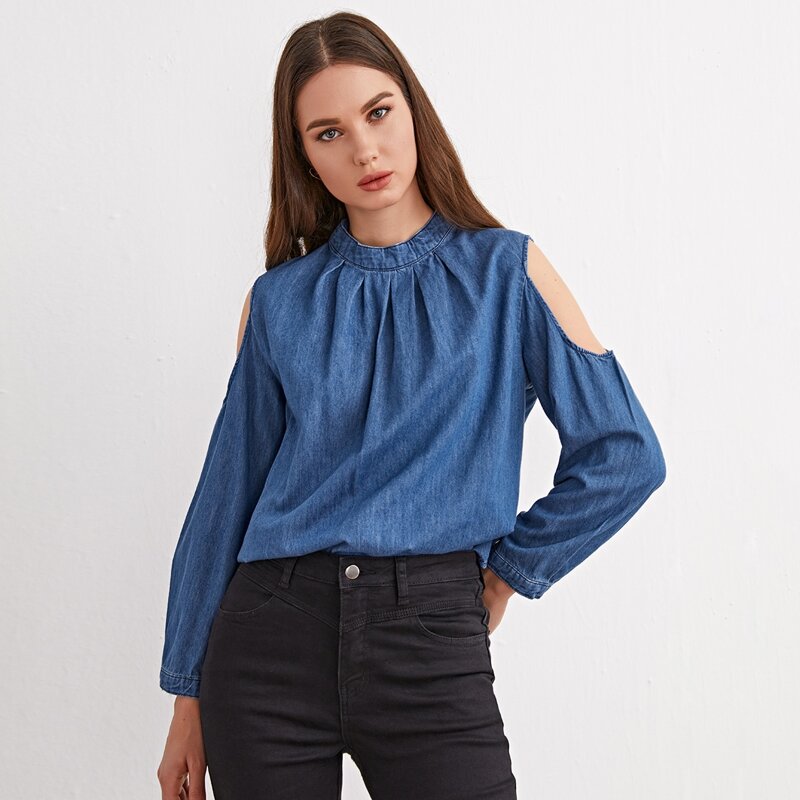 

Mock Neck Cut Out Denim Top, Medium wash