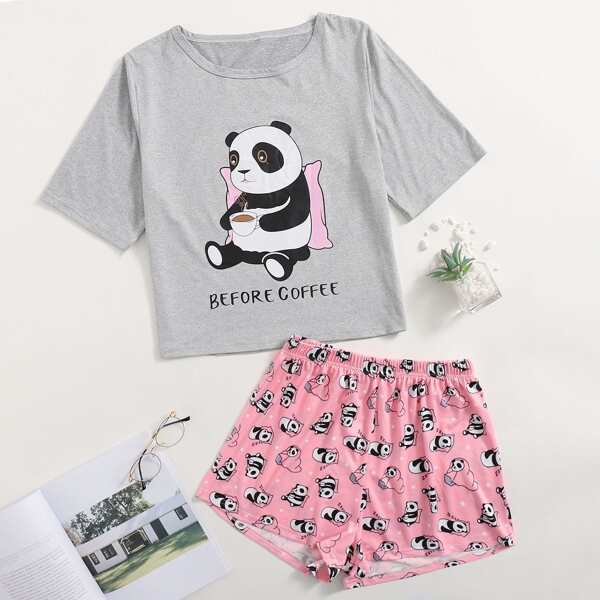 

Cartoon Panda Print PJ Set, Multicolor