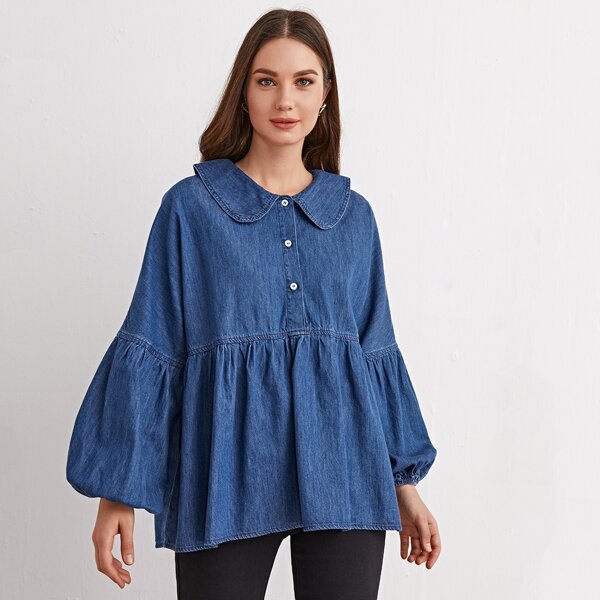 

Lantern Sleeve Button Front Denim Top, Medium wash